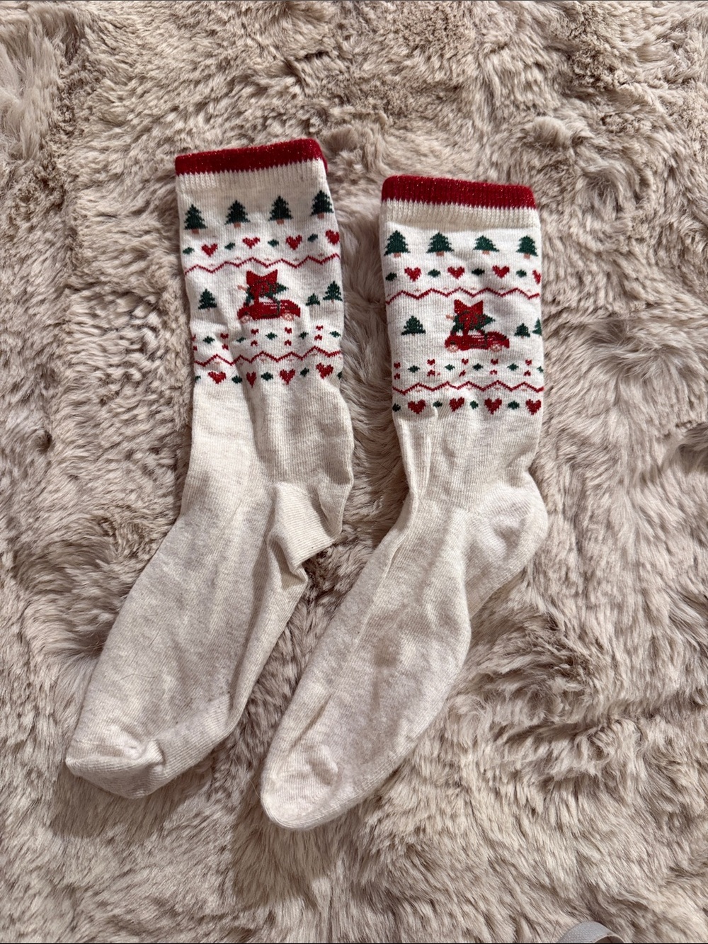 H&M Cream Crew Socks with Red Trim and Green Tree Motif